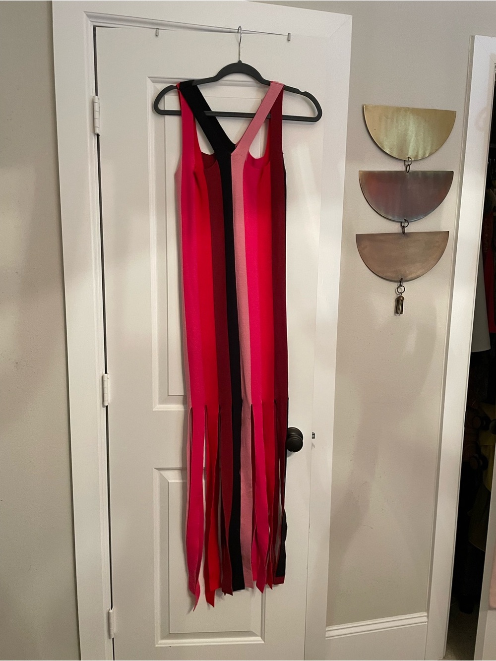 Women's Pink & Red Multi-Stripe Fringe Maxi Dress